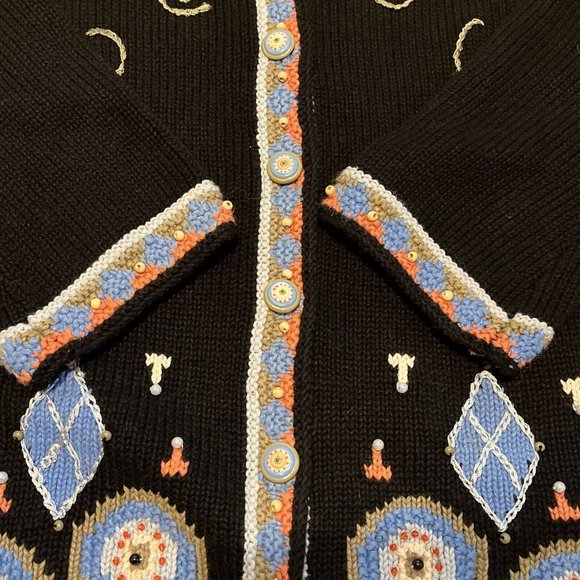 Storybook Knits Cardigan Sweater SZ Large Black Deco Glamour Knit Beaded - Picture 5 of 12